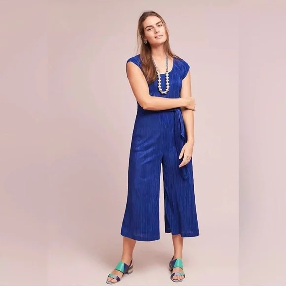 NWT Anthropologie Maeve Sonata Textured Pleated Blue Wide Leg Jumpsuit - Picture 3 of 10